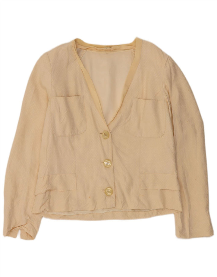 vintage Femme 3 Bouton Blazer Veste UK 14 Soie Beige Moyenne