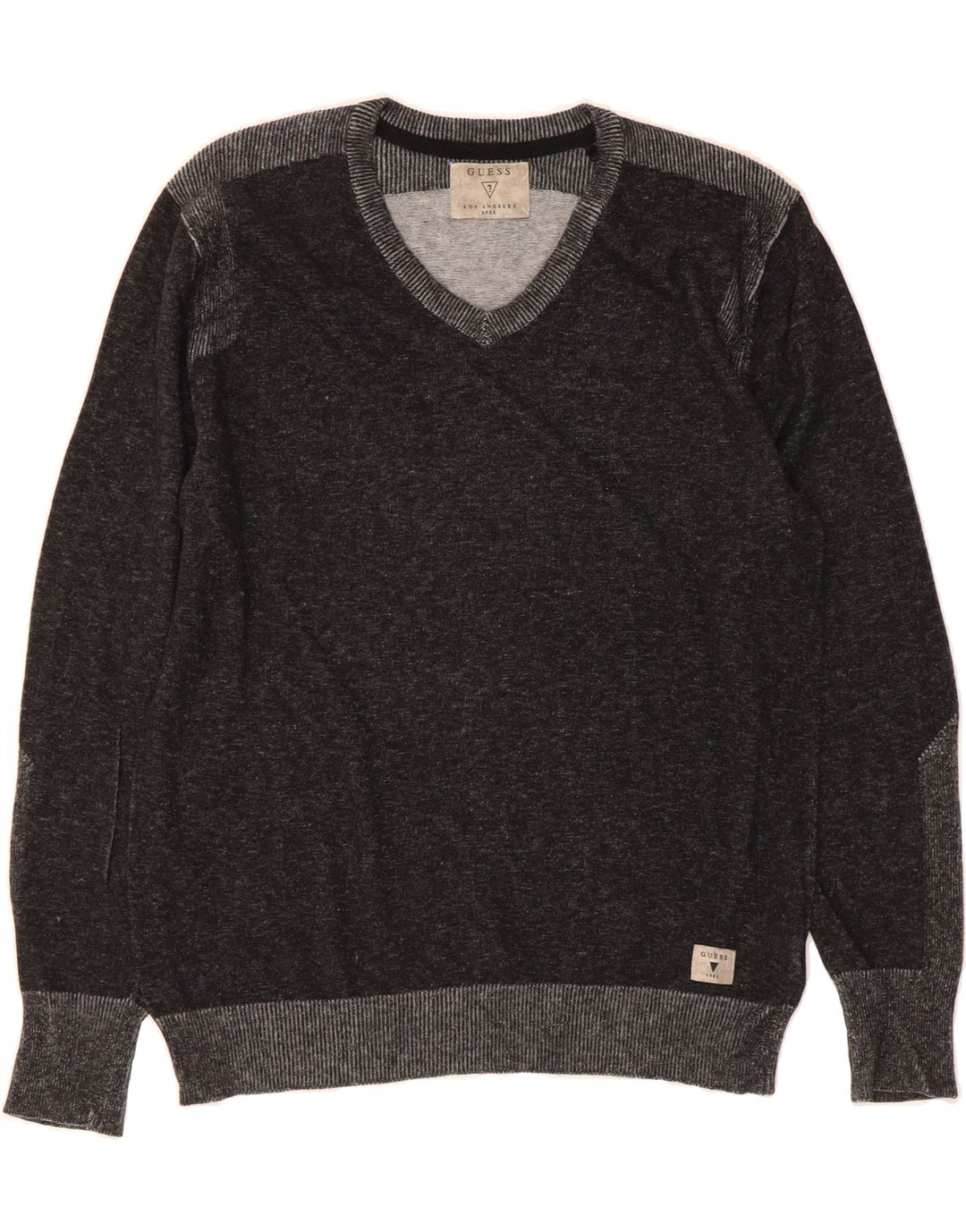 GUESS Mens V-Neck Jumper Sweater Medium Grey Flecked Viscose Vintage Guess and Second-Hand Guess from Messina Hembry 