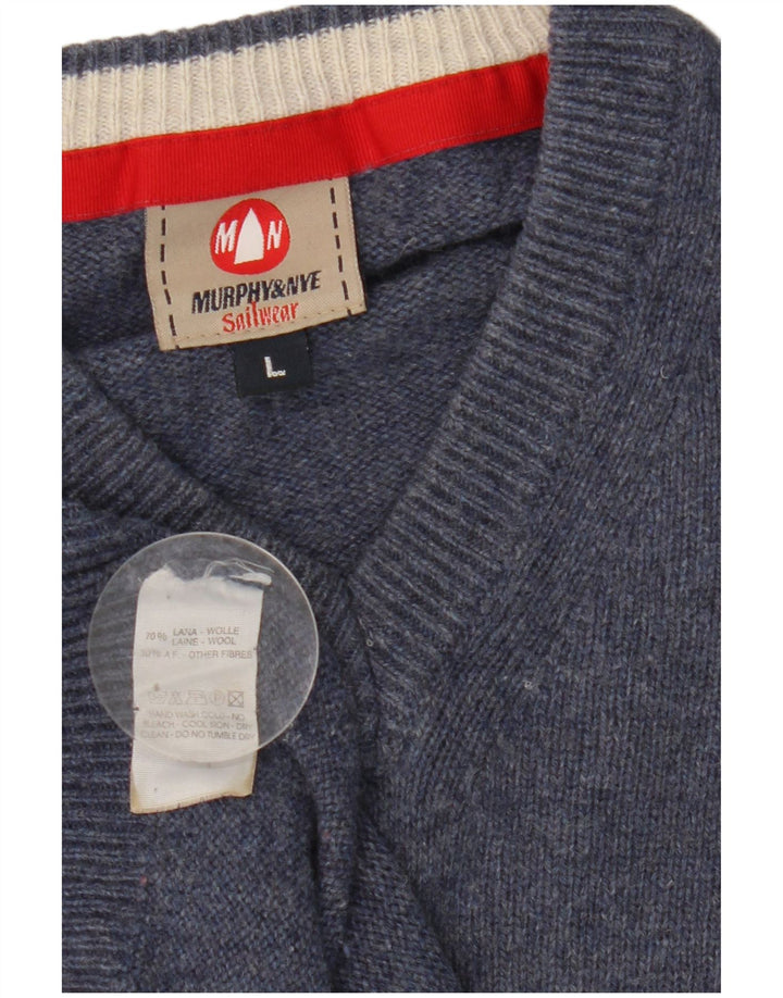 Murphy & Nye Pull col V pour homme en laine bleue Taille L