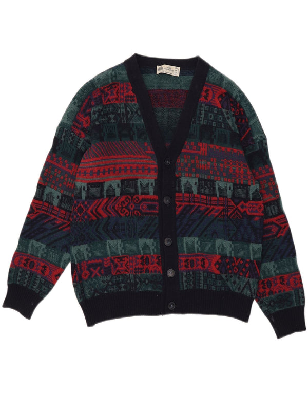 vintage Mens Cardigan Sweater IT 52 Grande laine géométrique multicolore