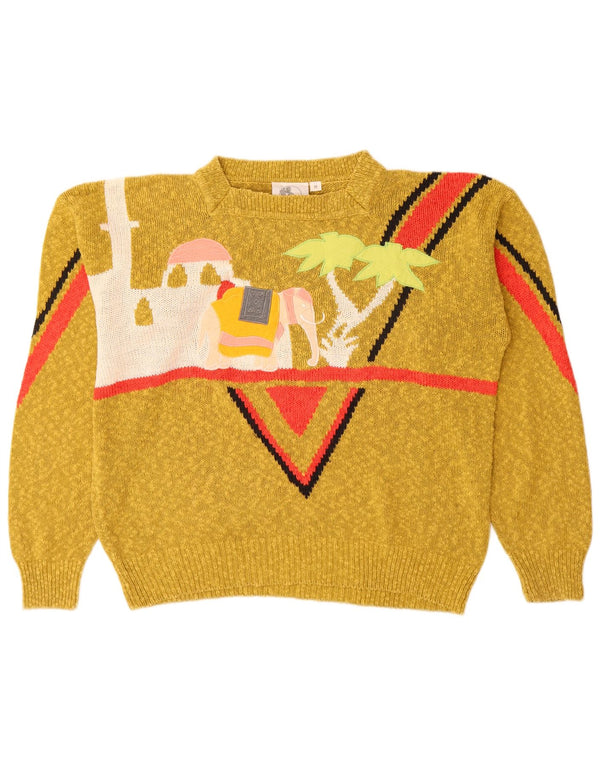 vintage Womens Graphic Boat Neck Jumper Pull UK 14 Moyen Jaune Moucheté