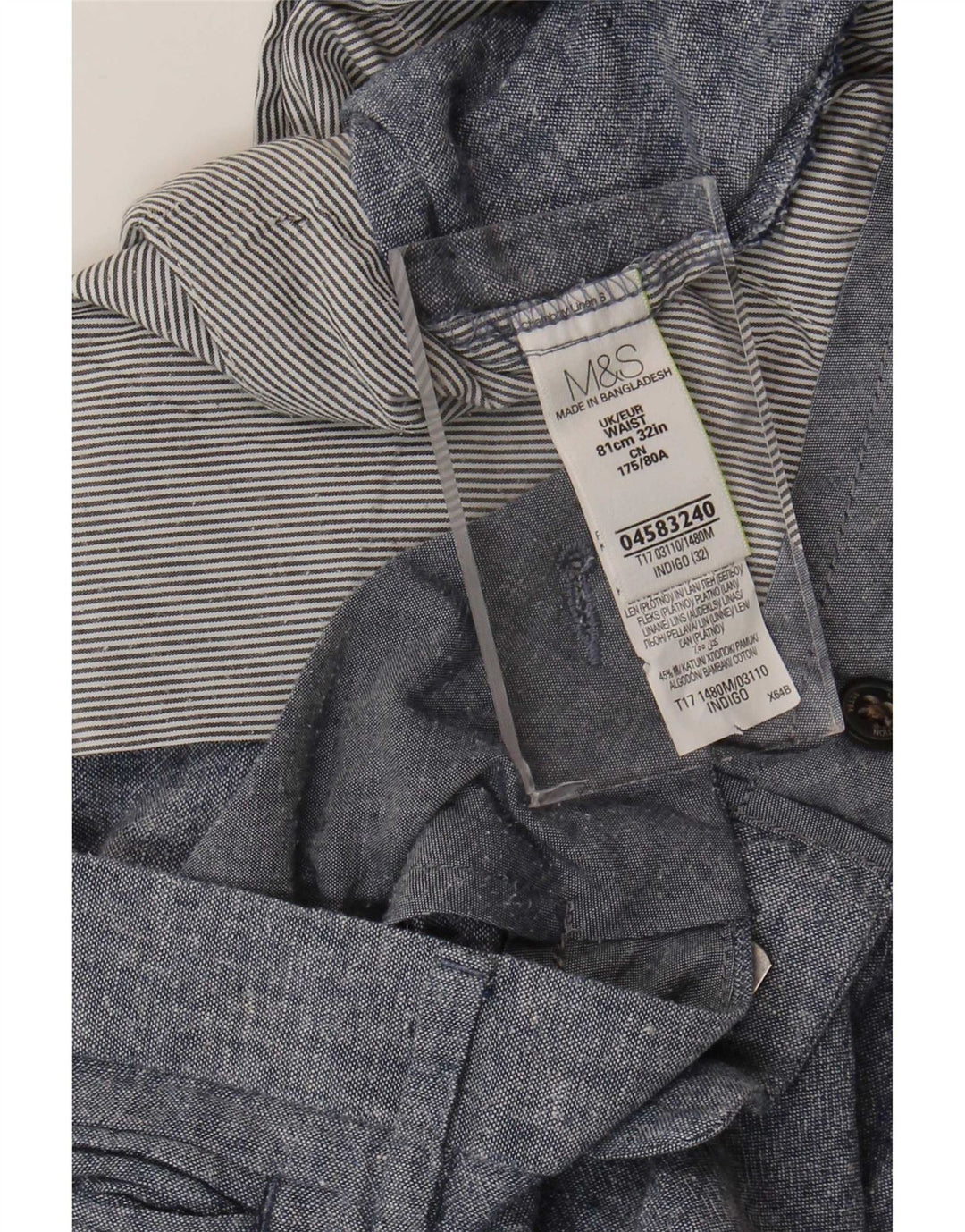 Marks & Spencer Short Chino Homme W32 Lin Bleu Moyen