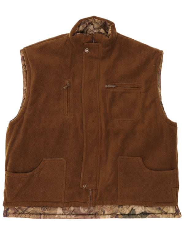 vintage Mens Réversible Fleece Gilet UK 46 3XL Marron Camouflage Polyester