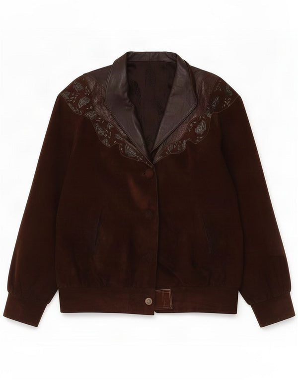 Vintage Veste en daim surdimensionnée pour femme EU 44 XL Marron Floral