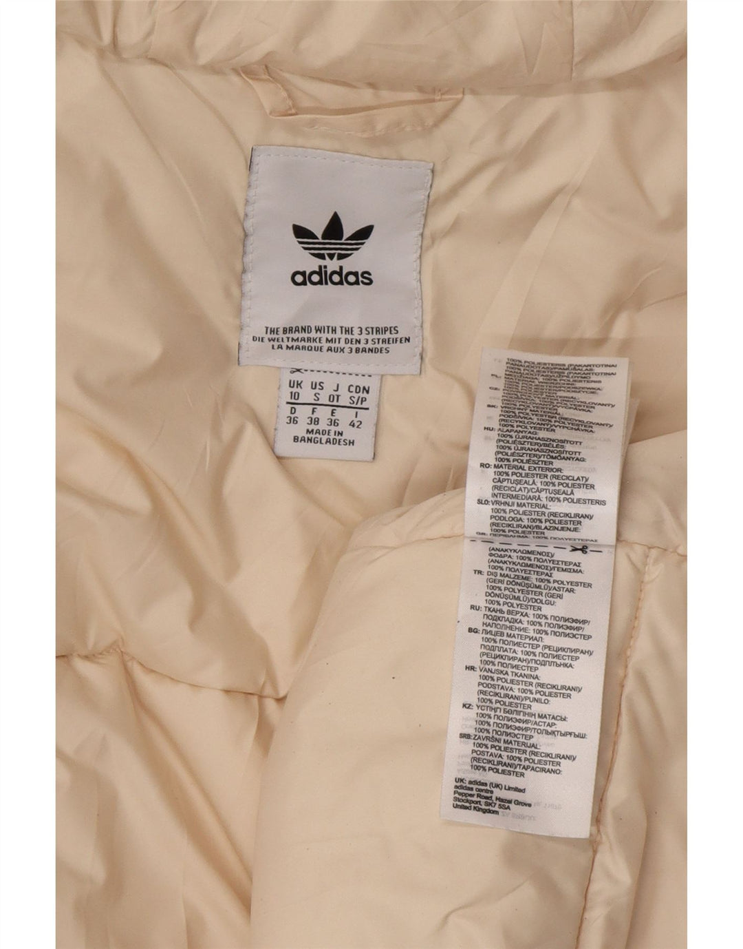 Adidas Veste matelassée à capuche pour femme UK 10 Small Beige Colourblock Polyester