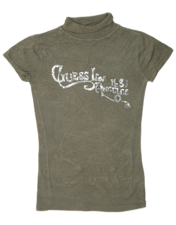 Guess Womens Graphic Short Sleeve Roll Neck Jumper Sweater UK 4 XS Khaki