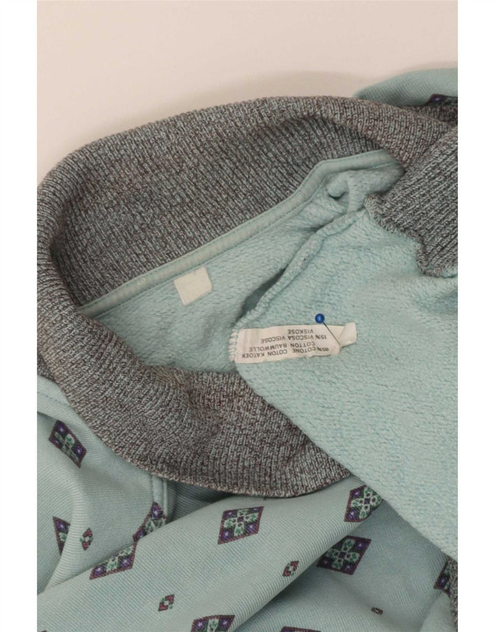 vintage Mens Polo Neck Sweatshirt Jumper Moyen Bleu Géométrique Coton