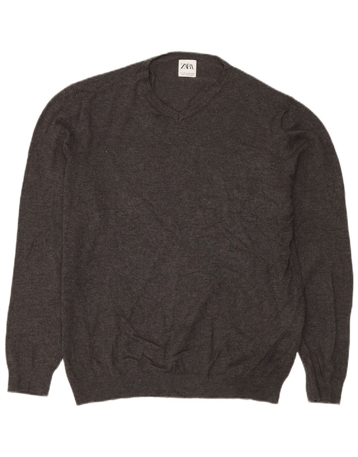 ZARA Pull Col V Homme Gris Moyen Viscose