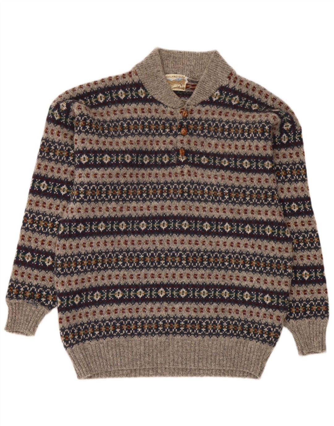 Highland Glen Pull à col boutonné pour homme Gris moyen Laine Fair Isle