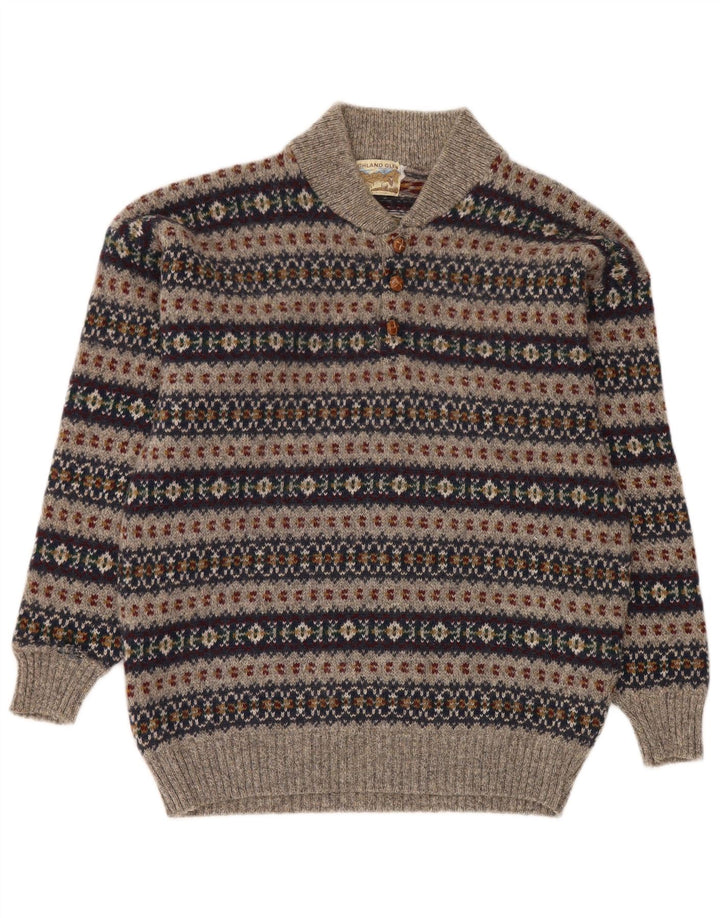Highland Glen Pull à col boutonné pour homme Gris moyen Laine Fair Isle