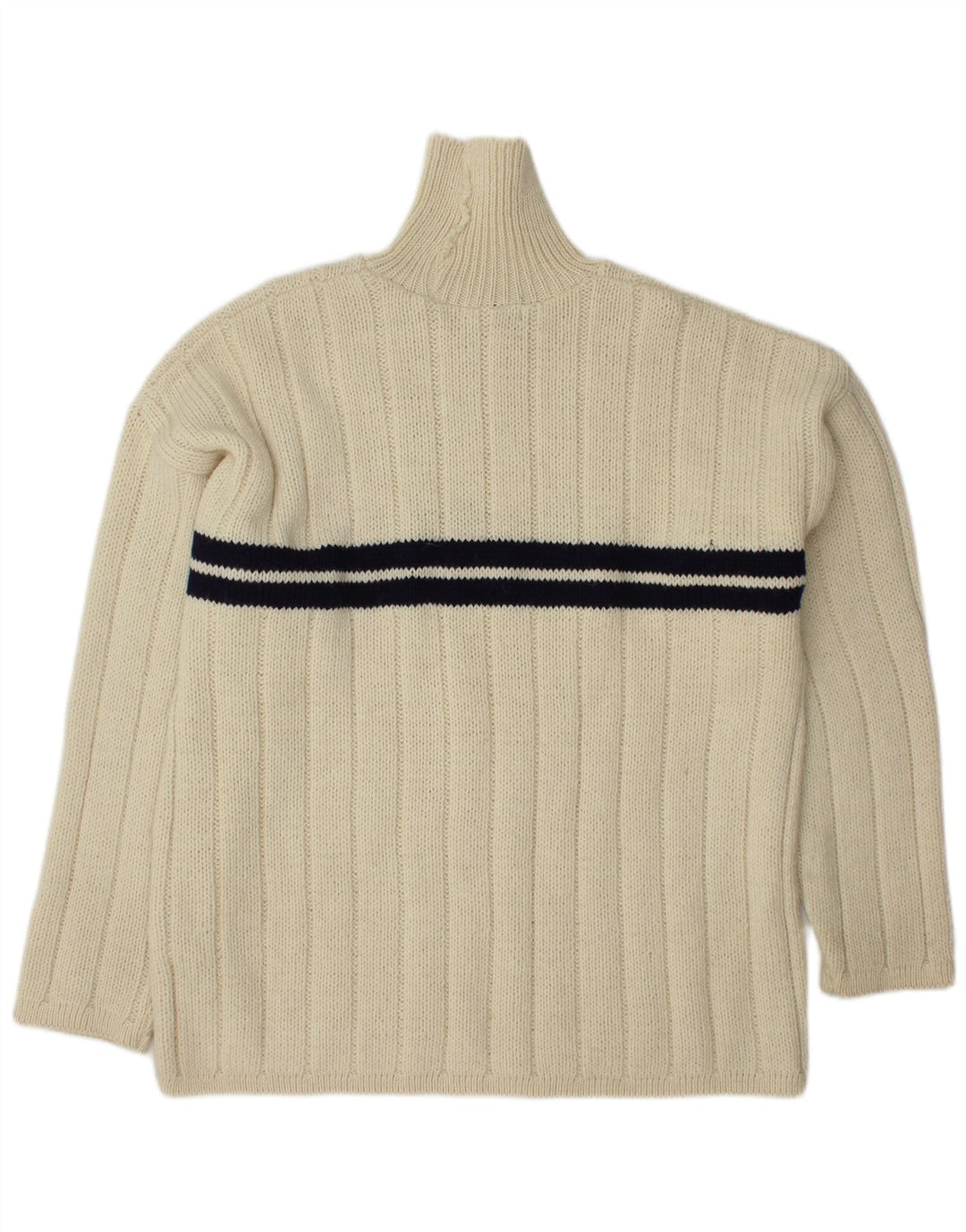 VINTAGE Homme Col Roulé Pull Pull Grande Laine Rayée Blanc Cassé