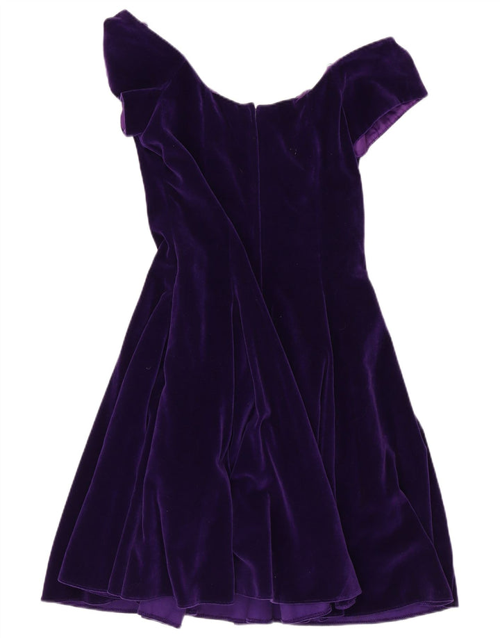 VINTAGE Femme Velours Hors Épaule Robe UK 14 Moyen Violet Coton