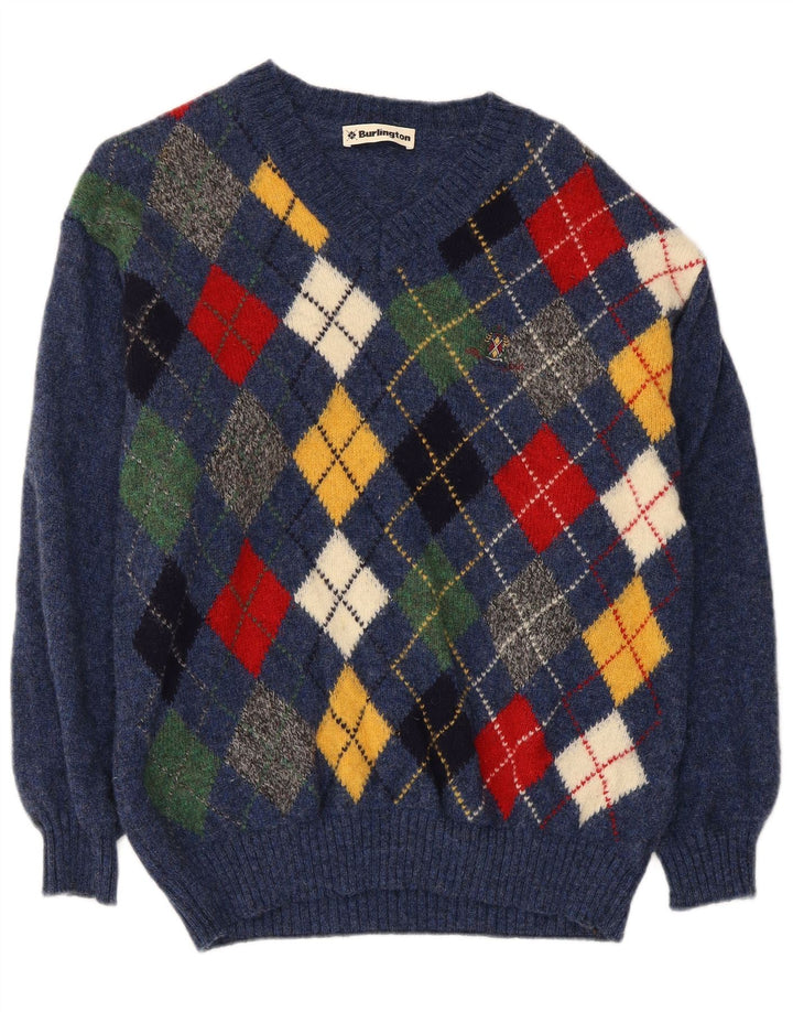 Burlington Pull col V pour homme Bleu moyen Argyle/Diamond Laine vierge
