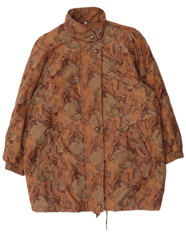 VINTAGE Femmes Coupe Ample Motif Abstrait Imperméable EU 42 Grand Marron