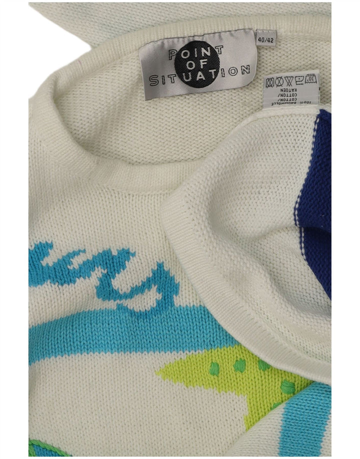 VINTAGE Femme Graphique Crew Neck Jumper Pull EU 40 Moyen Blanc Rayé