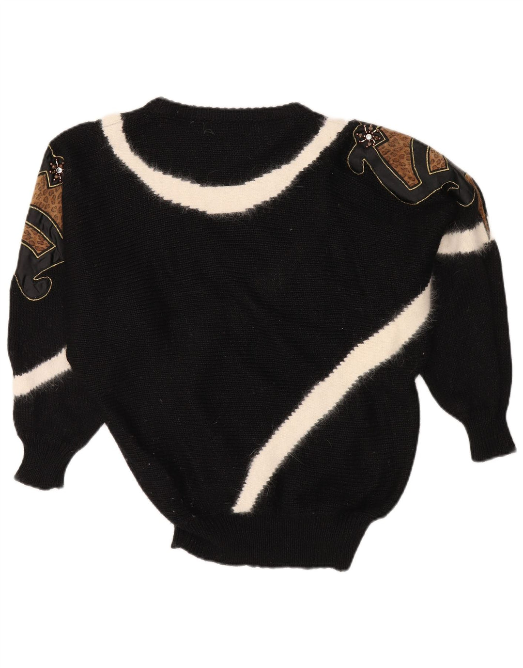 VINTAGE Femme Crew Neck Jumper Pull EU 38 Medium Black Colourblock