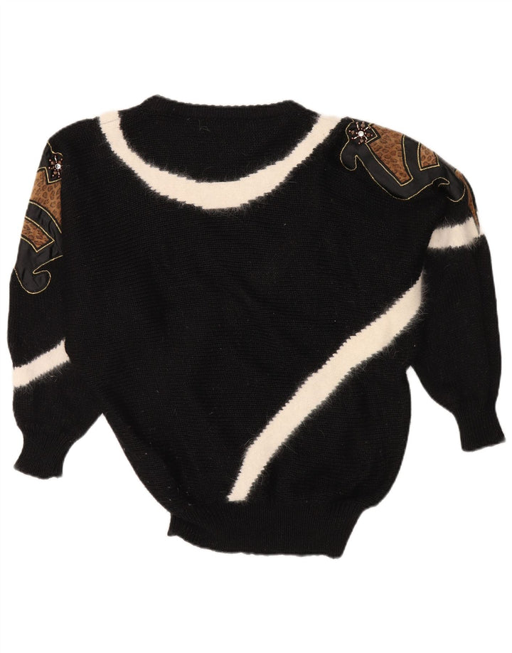 VINTAGE Femme Crew Neck Jumper Pull EU 38 Medium Black Colourblock