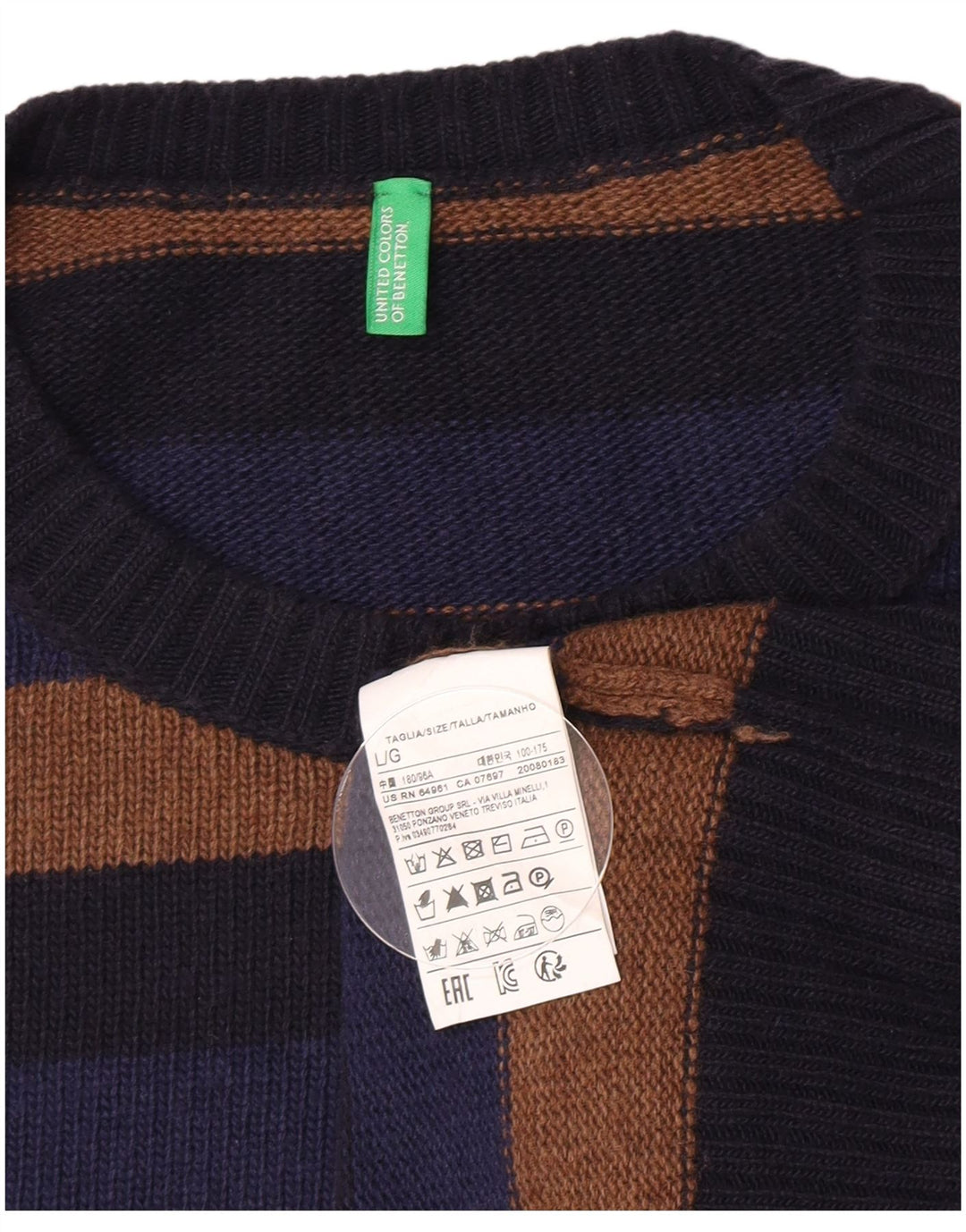 Benetton Pull à col rond pour homme, grandes rayures multicolores