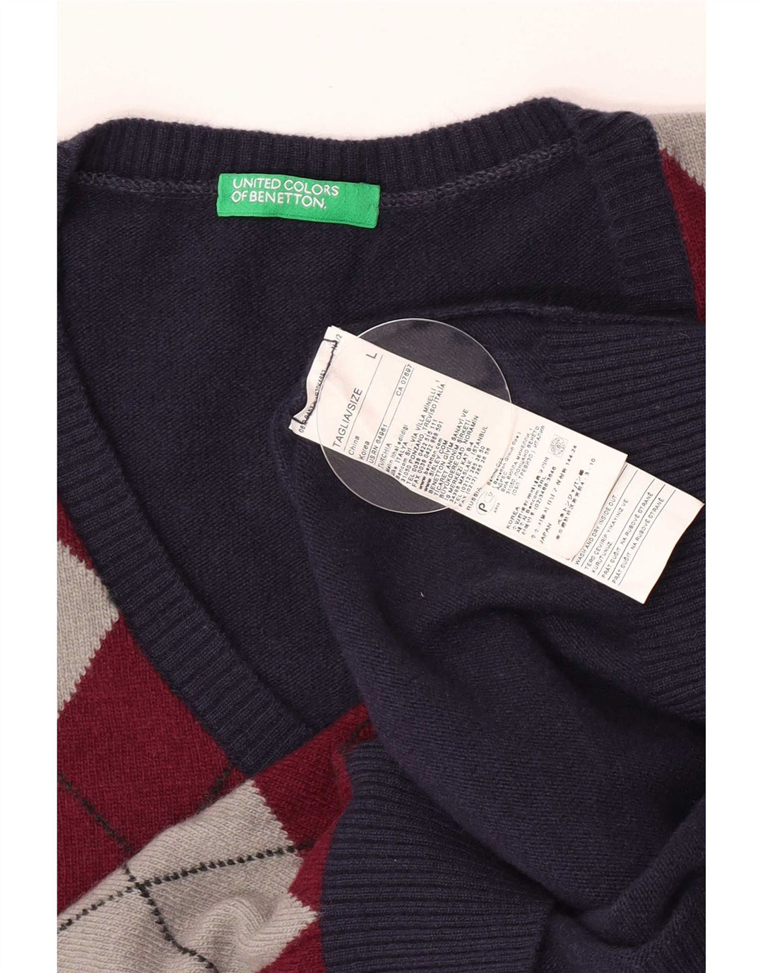 Benetton Pull col V pour homme en laine bleu marine à losanges et diamants