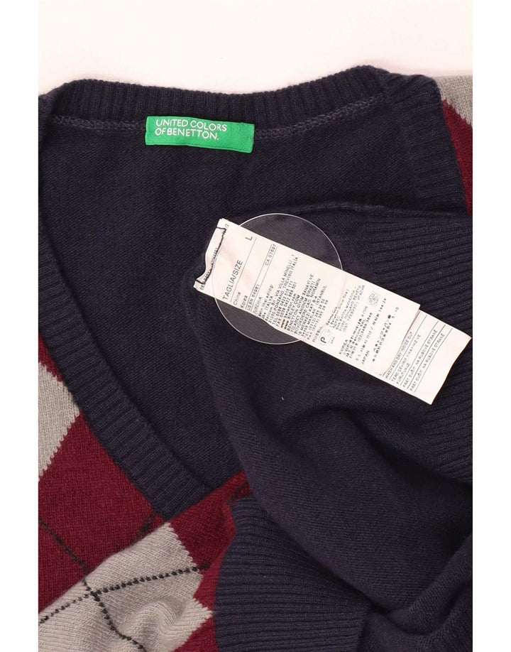 Benetton Pull col V pour homme en laine bleu marine à losanges et diamants