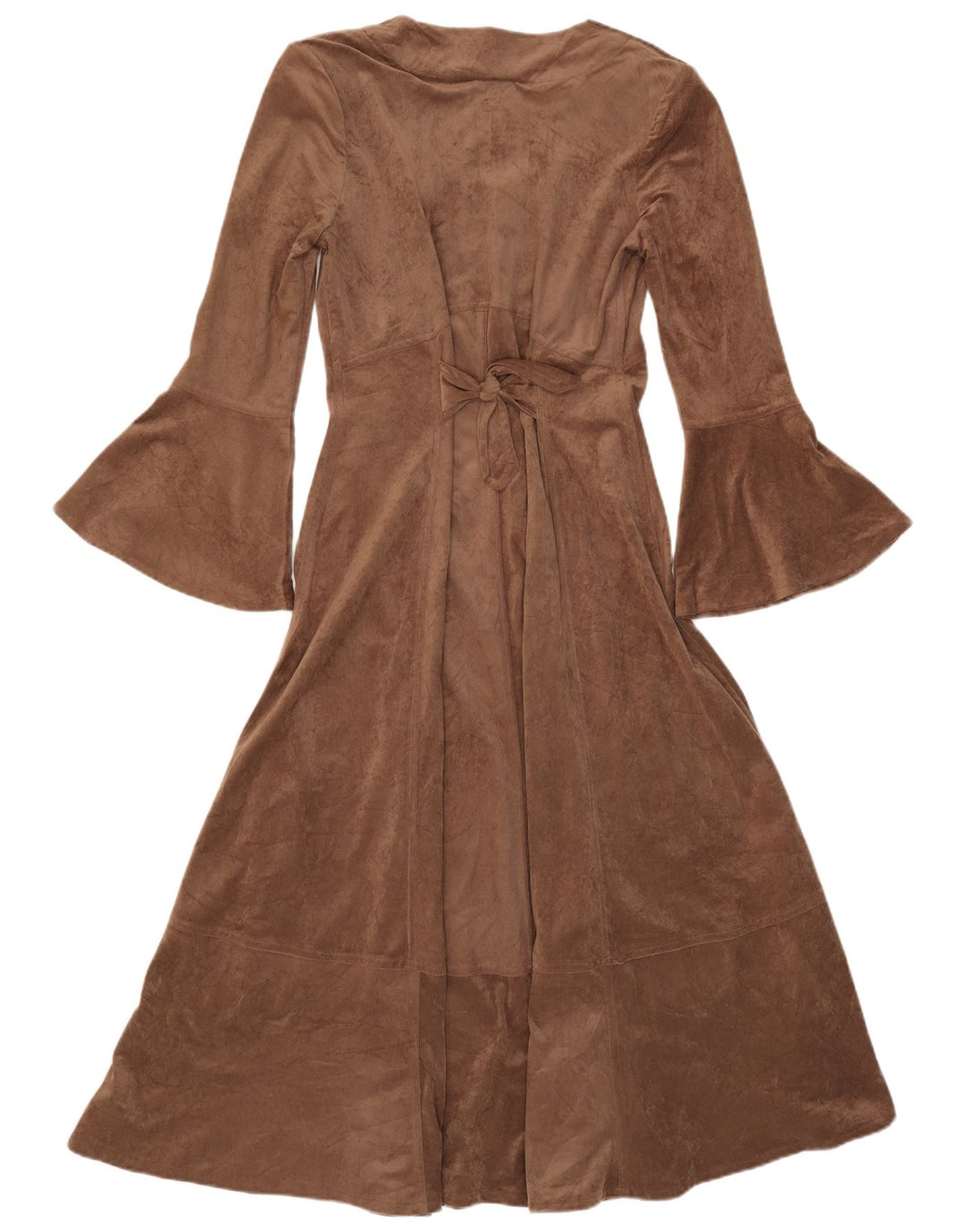 vintage Femmes Maxi Manches Longues Robe A-Line UK 12 Polyester Marron Moyen