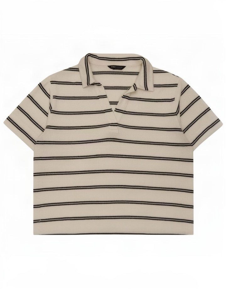Marks & Spencer Polo Femme UK 14 Grand Blanc Rayé Polyester