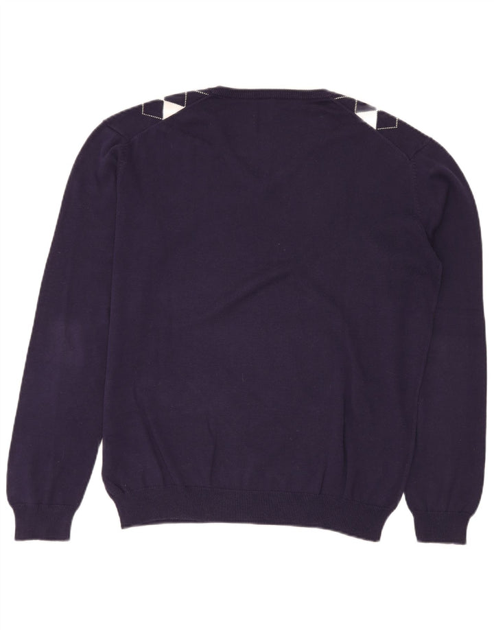 VINTAGE Pull col V pour homme Bleu marine moyen Argyle/Diamant Coton