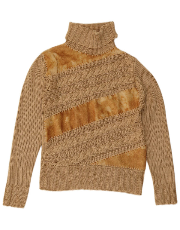 vintage Femmes Roll Neck Jumper Pull UK 12 Medium Brown Colourblock
