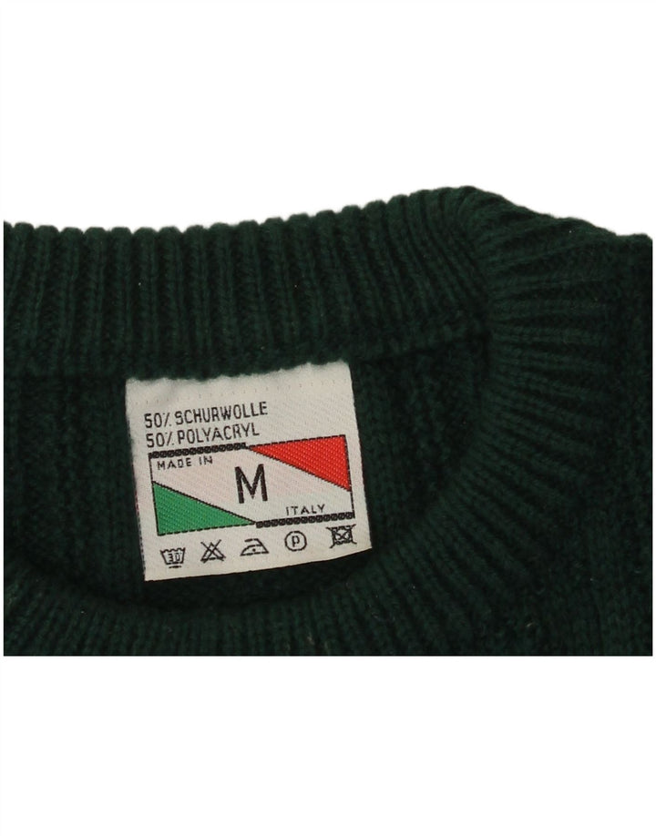 vintage Mens Crew Neck Jumper Pull Vert Moyen Colorblock Polyacrylique