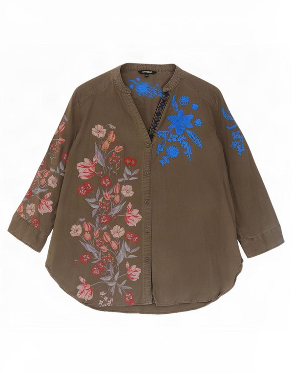Desigual Chemisier à manches 3/4 pour femme UK 20 2XL Kaki Floral Lyocell