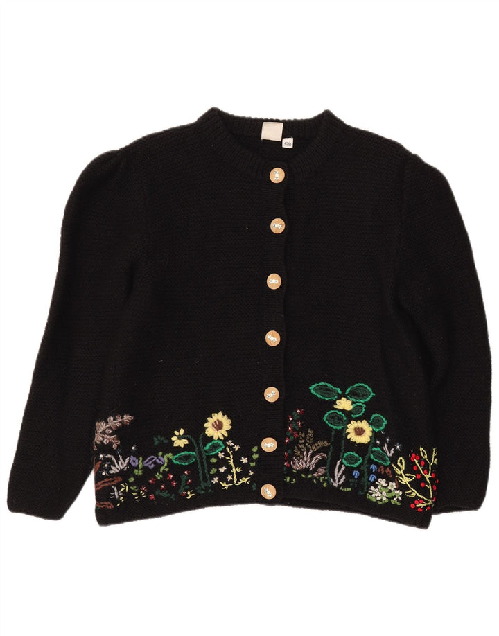 vintage Femme Cardigan Pull EU 40/42 Laine florale noire moyenne