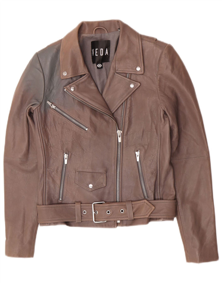 Veda Veste de motard en cuir pour femme UK 8 Petit cuir d'agneau marron