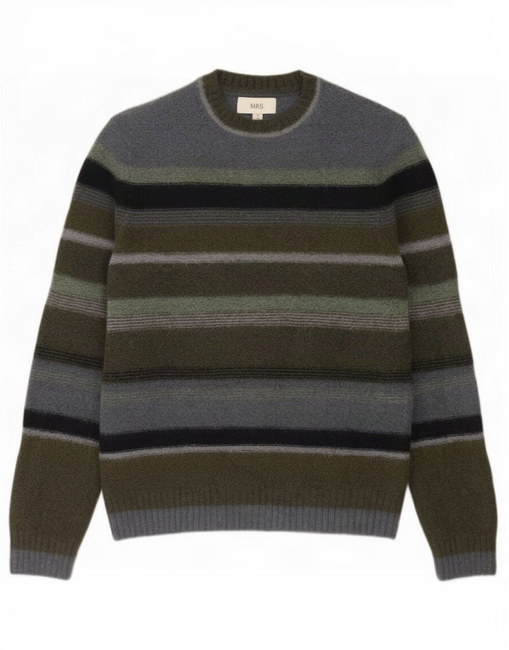Marks & Spencer Pull Col Ras du Cou Homme Rayé Kaki Moyen