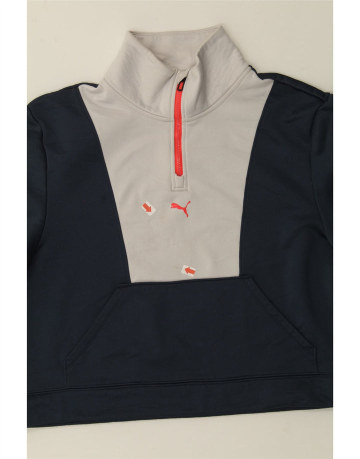 PUMA Womens Graphic Sweatshirt Jumper UK 14 Medium Navy Blue Colourblock Vintage Puma and Second-Hand Puma from Messina Hembry 