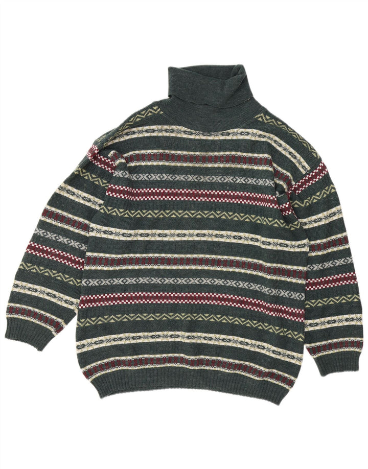 vintage Mens Roll Neck Jumper Pull Grand Vert Fair Isle