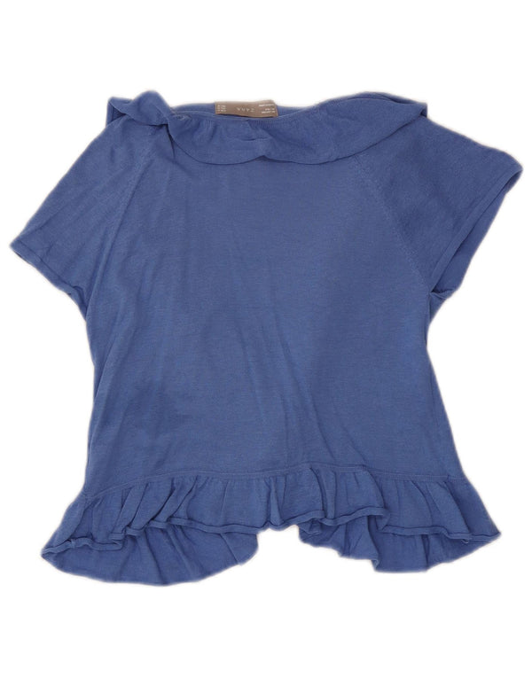 Zara Cardigan à manches courtes et volants sur le devant pour femme UK 12 Bleu moyen Coton