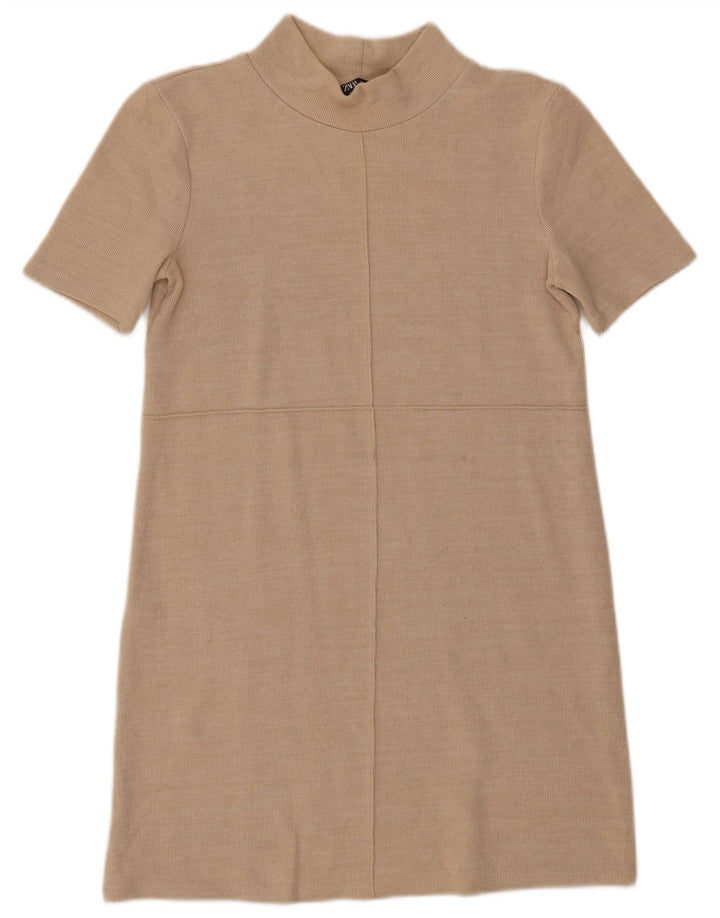 Zara Robe droite à manches courtes pour femme UK 10 Petit Beige