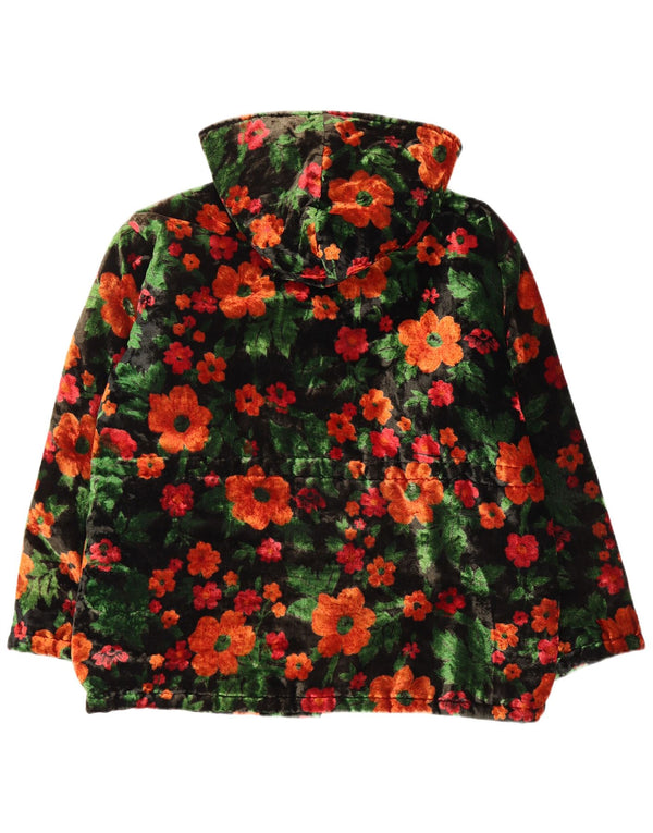 VINTAGE Veste coupe-vent surdimensionnée en velours pour femmes UK 18 XL Noir Floral