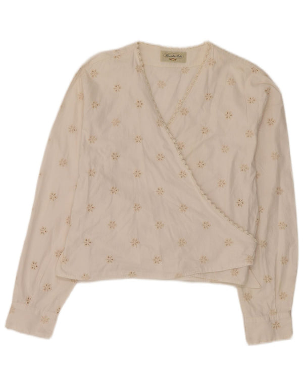 vintage Femmes Manches Longues Wrap Blouse Top IT 46 Grand Coton Floral Blanc