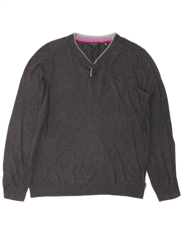 TED BAKER Pull col V pour homme Taille 4 Grand Coton Gris