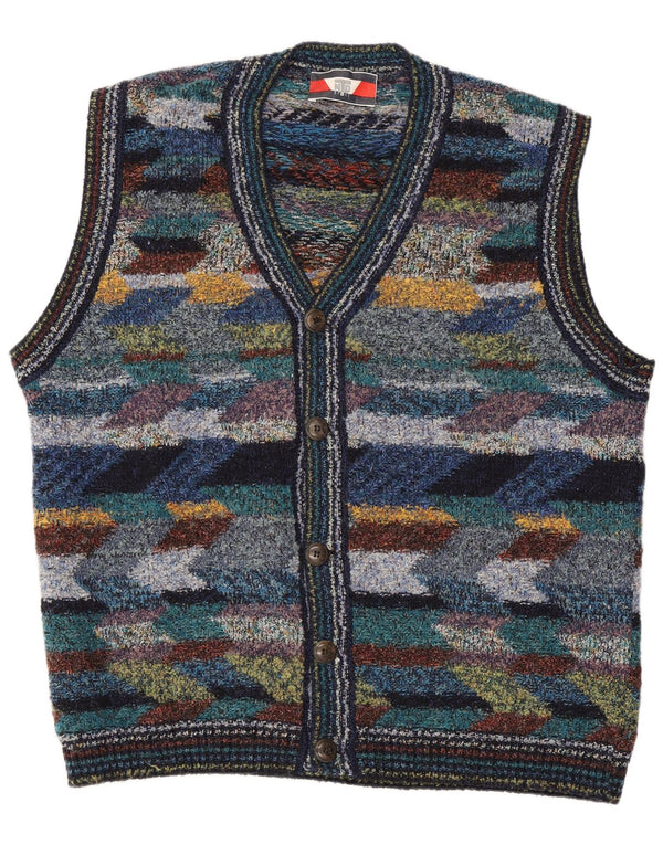 vintage Mens Cardigan sans manches Pull XL Laine géométrique multicolore