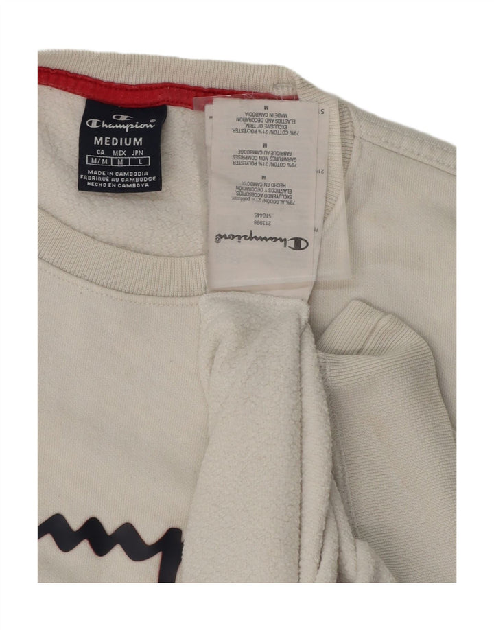 CHAMPION Mens Graphic Sweatshirt Jumper Medium White Cotton Vintage Champion and Second-Hand Champion from Messina Hembry 