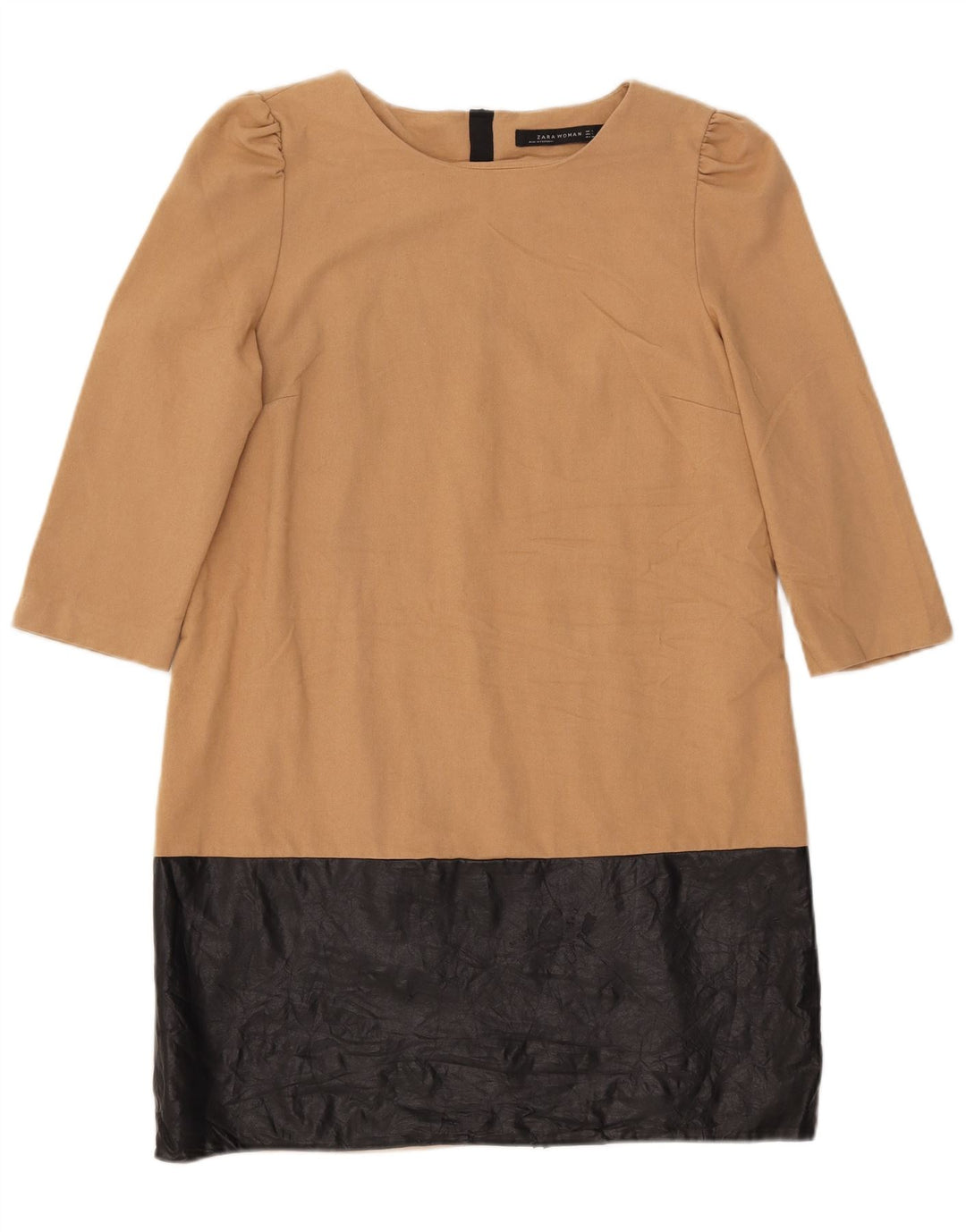 Zara Robe droite à manches 3/4 pour femme UK 14 Large Beige Colourblock Polyester