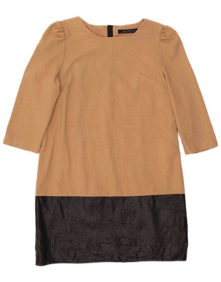 Zara Robe droite à manches 3/4 pour femme UK 14 Large Beige Colourblock Polyester
