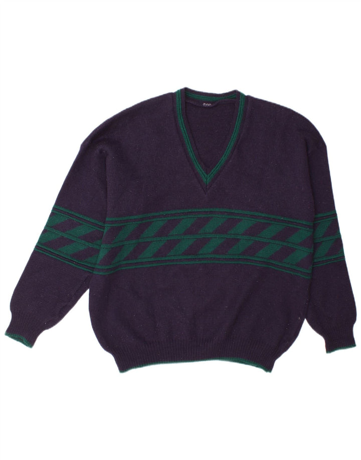 vintage Mens V-Col Jumper Pull Grand Bleu Marine Rayé