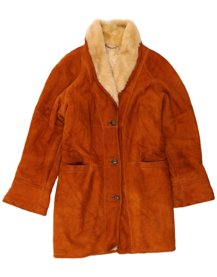 vintage Femme Loose Fit Shearling Manteau IT 48 XL Cuir Marron