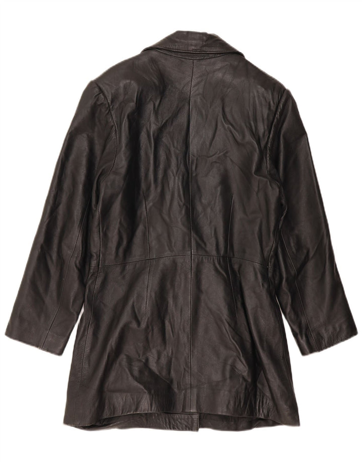 VINTAGE Manteau en cuir femme UK 14 Grand cuir noir