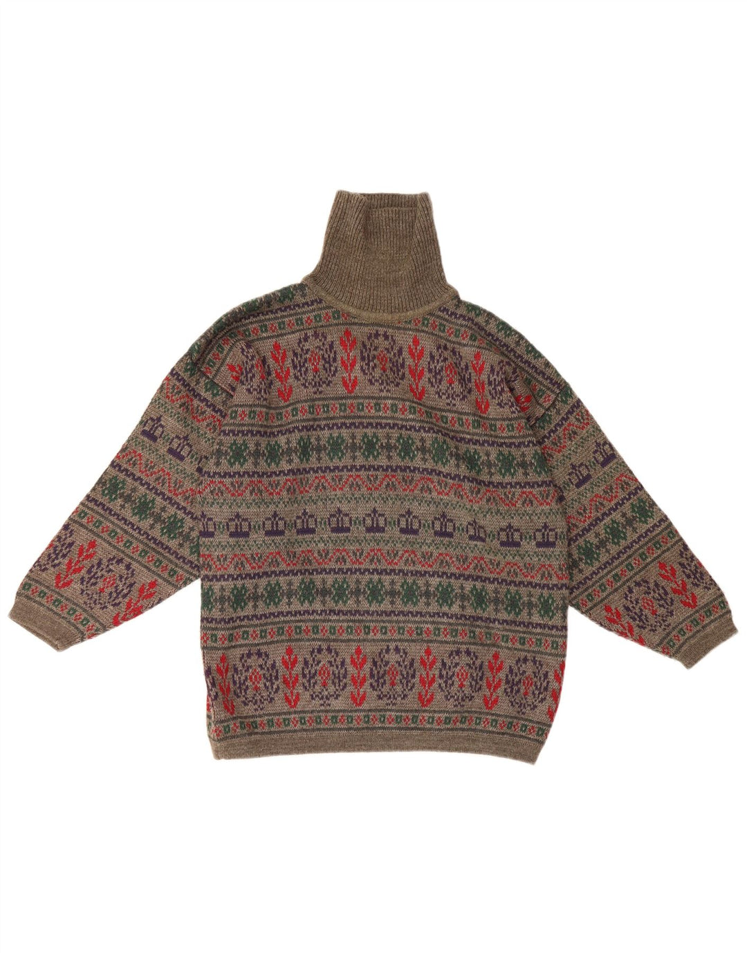 vintage Mens Roll Neck Jumper Pull Petit Gris Fair Isle Laine