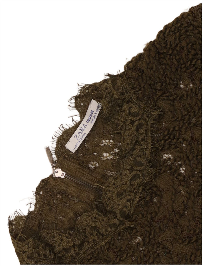 Zara Womens Lace See Through Blouse Top UK 8 Petit Kaki
