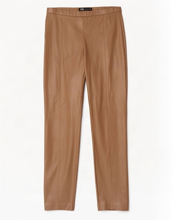 Zara Femme Pantalon Slim Simili Cuir Large W30 L28 Beige Polyuréthane